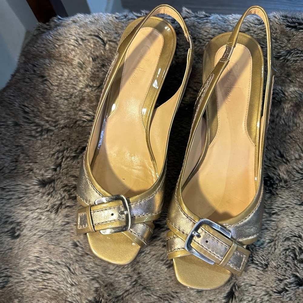 Vintage Y2K Cole Haan Metallic Gold  Buckle Slingback Leather Kitten HeelsSize 8